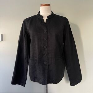 Eileen Fisher Black mock neck button down blazer size Large 100% Linen